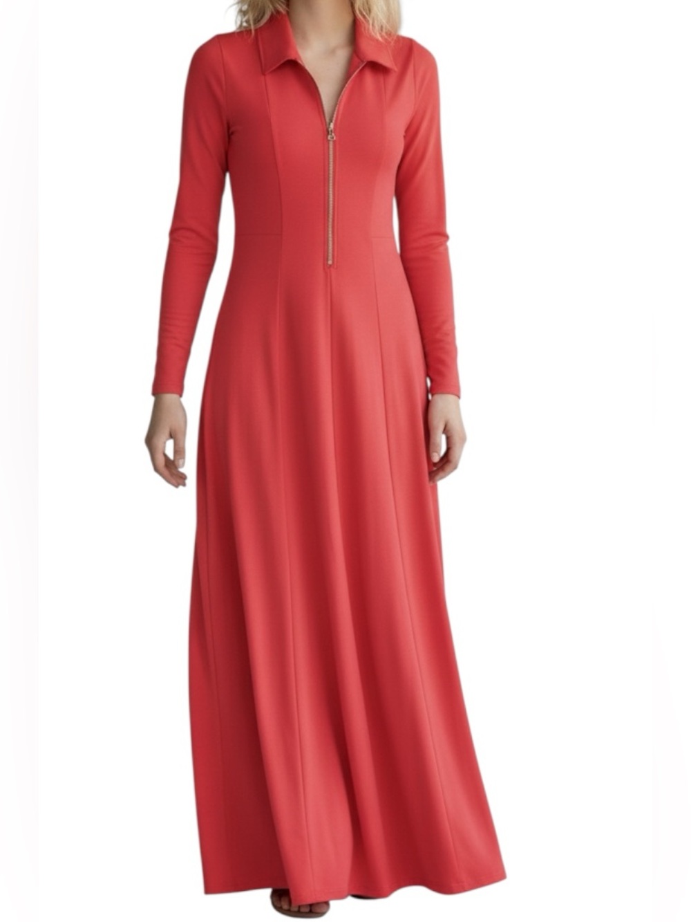 Soft Surroundings Maxi Dress Size MP Zip-Front Long Sleeve Pink Soft Stretch